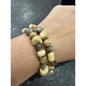 Artisan Boho Wrap Bracelet Silver Tone Fish Shell Charms Cream Stone Beads Multi